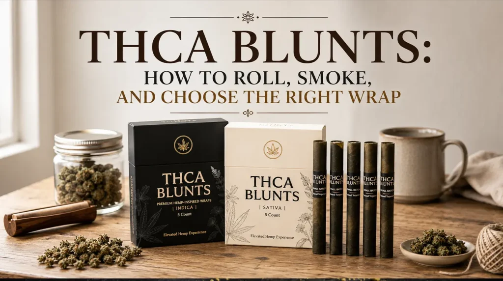 THCA blunt with premium wrap and THCA flower buds on a rolling tray