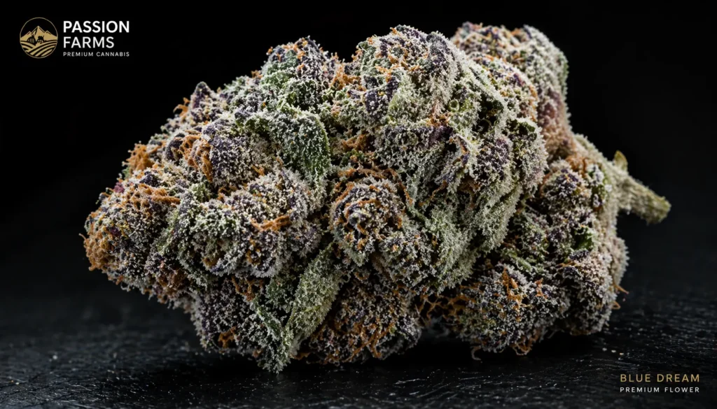 Blue Dream strain cannabis flower nug with frosty trichomes and orange pistils on a dark background, Passion Farms.