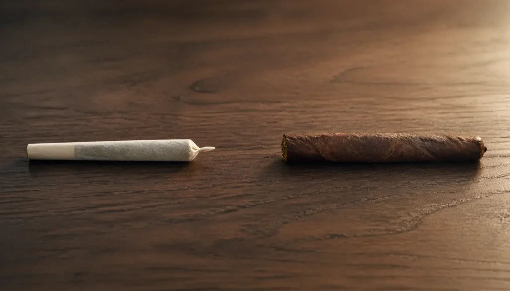 Side-by-side comparison of a joint and a blunt on a dark surface — joints vs blunts visual breakdown for Passion Farms.