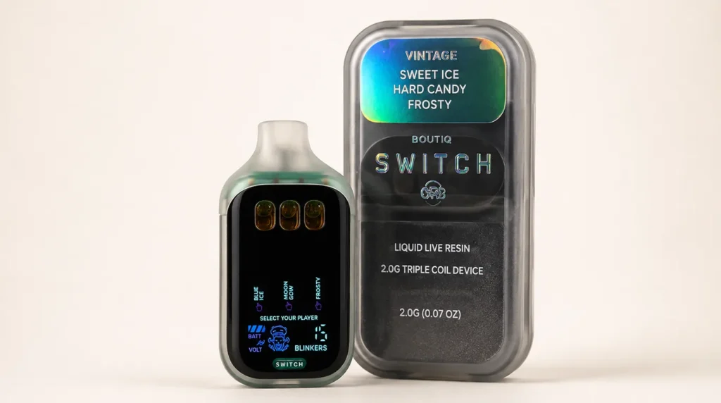 Real Boutiq Switch Orb V5 disposable vape review showing packaging, device design, and authenticity check