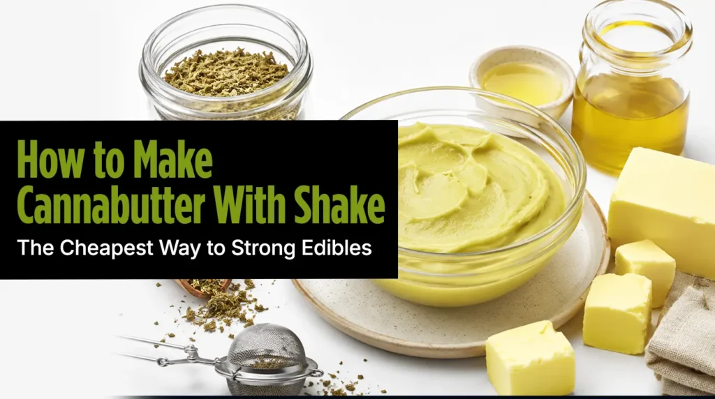 Homemade cannabutter being prepared with cannabis shake, melted butter, and kitchen ingredients for making potent cannabis-infused edibles.