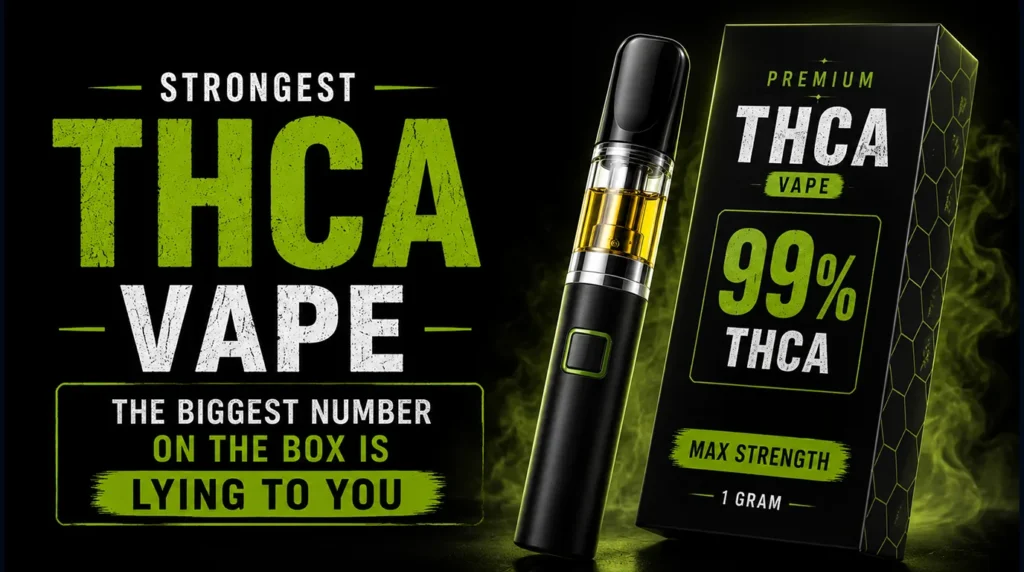 Strongest THCA vape cartridge with high THC percentage label and cannabis oil close-up