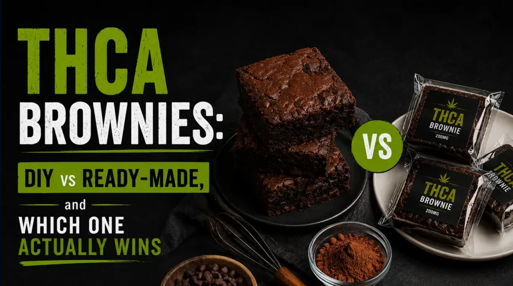 Homemade and ready-made THCA brownies displayed side by side, comparing cannabis edible potency, texture, ingredients, and overall value.
