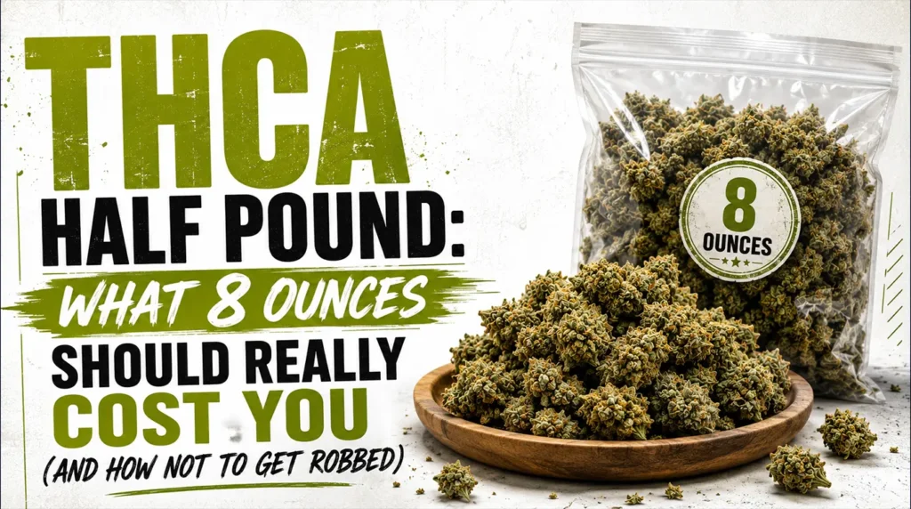 Bulk THCA flower half pound package with premium cannabis buds displayed on a table showing wholesale cannabis pricing and quality comparison.