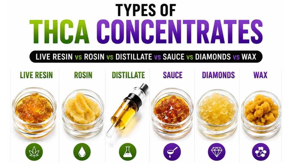 Types of THCA Concentrates: Live Resin vs Rosin vs Distillate vs Sauce vs Diamonds vs Wax