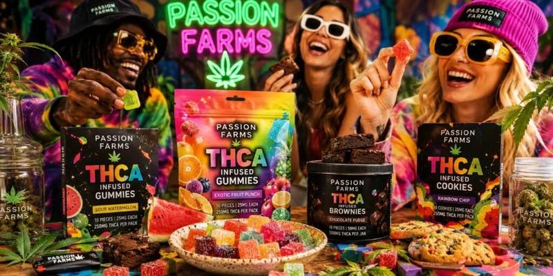 Passion Farms THCA gummies and infused edibles showing different edible product types