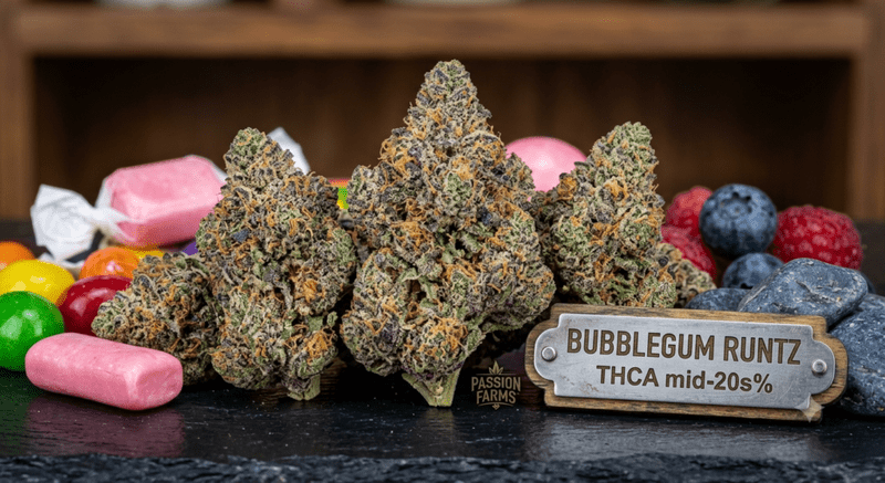 Dense, frosty Bubblegum Runtz THCA flower buds with purple coloring, showing the exotic strain